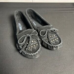 Women's‎ Size 6 Black Suede Minnetonka Kilty Silver Stud Moccasins Flats